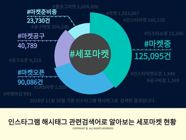 2018년 11월 30일 기준 소규모 SNS 마켓 관련 인스타그램 해시태그 현황/출처=직접 제작