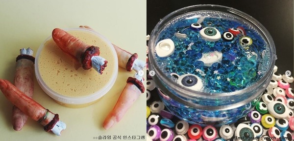 손가락 튀김과 눈알 슬라임 등 이색적인 콘셉트의 슬라임/출처=○○슬라임 공식 인스타그램