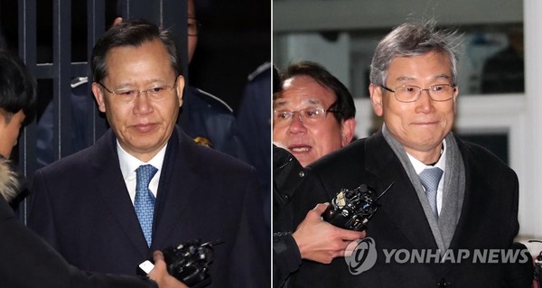 박병대(왼쪽)·고영한 전 대법관이 지난달 7일 구속영장이 기각된 후 경기도 의왕 서울구치소를 나서고 있다/ 사진=연합뉴스