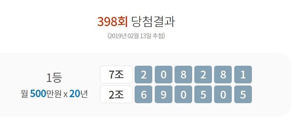398회 연금복권 1등 당첨번호 /사진=동행복권 홈페이지 캡처
