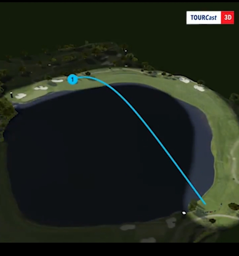 6번 홀 디섐보의 티샷 그림. 오른쪽 페어웨이를 거치는 것이 일반적인 공략법이다. / 사진 = PGA 투어 소셜 미디어 영상 화면 캡처.