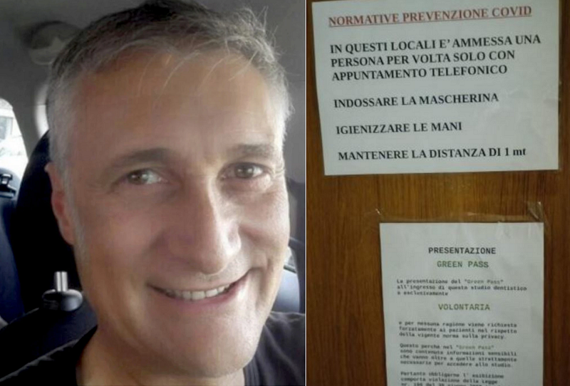 가짜 팔로 접종받은 뒤 백신 증명인 그린패스를 받으려다 덜미가 잡힌 이탈리아 치과 의사 귀도 루소(왼쪽). 그는 자신의 치과병원에 국가 방침을 거부하는 안내문(오른쪽)을 붙이기도 ...