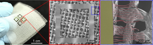 왼쪽부터 섬모구조를 이용하여 직물 위로 전사인쇄 한 박막형 폴리이미드 기판의 사진, 주사현미경으로 확대한 모습과 박막형 폴리이미드 기판 주변에 형성된 섬모(붉은 실 모양)를 주사현...