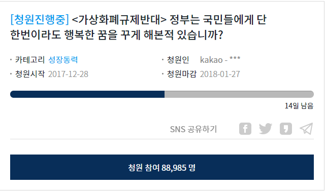 가상화폐 관련 국민 청원. 사진| 청와대 홈페이지