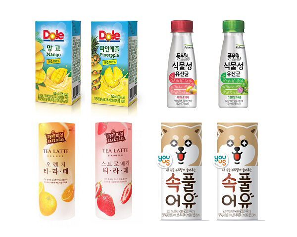(왼쪽 상단부터 시계방향으로) 돌 `180ml 망고·파인애플 주스`, 풀무원프로바이오틱 `식물성유산균 음료 시리즈 2종`, 푸르밀 `속풀어유`, 쟈뎅 `카페리얼 티라떼 2종`. ...