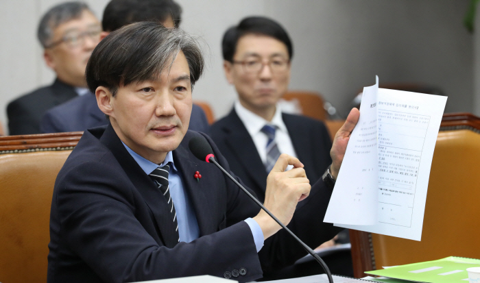 조국 민정수석 '정보저장매체 임의제출 동의서를 들고'<br />
<br />
(서울=연합뉴스) 김주형 기자 = 조국 청와대 민정수석이 31일 오후 열린 국회 운영위원회 전체회의에 참석해 정보저장...