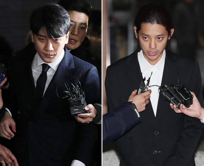 밤샘 조사 마친 승리-정준영<br />
<br />
(서울=연합뉴스) 이지은 기자 = 성접대 의혹을 받고 있는 빅뱅 멤버 승리(왼쪽 사진)와 성관계 동영상 불법 촬영·유포 혐의를 받는 가수 정준...