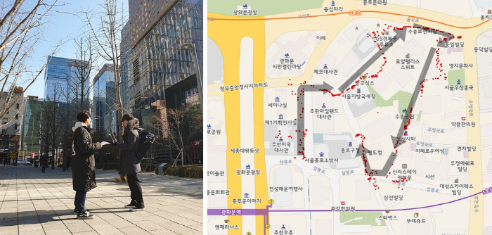 KAIST 연구진이 스마트폰 LTE 통신신호를 이용해 도심 속 스마트폰 사용자의 위치를 오차범위 30m 이내로 정확하게 측정할 수 있는 기술을 개발하고 광화문 일대에서 실증하는 데...