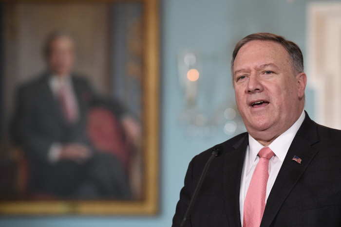 Secretary of State Mike Pompeo speaks during a press availability with Britain's Foreign Secretary D...
