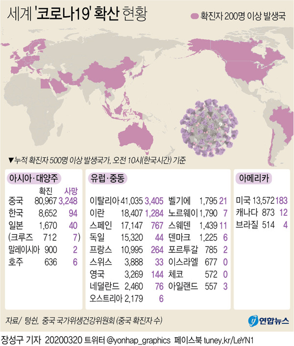 세계 '코로나19' 확산 현황 / 사진=연합뉴스