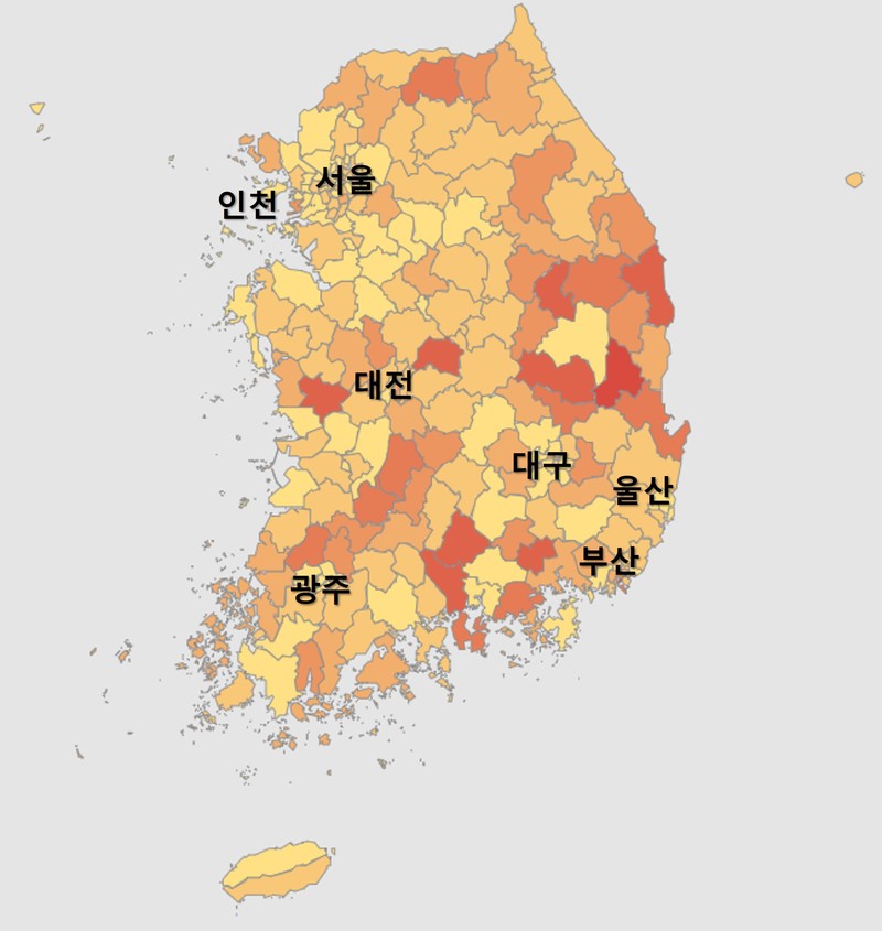 전국 장수 음식점 폐업 지도