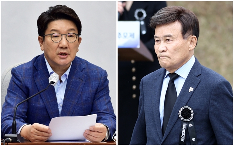 (왼쪽부터) 권성동 국민의힘 원내대표, 김원웅 전 광복회장 / 사진=연합뉴스