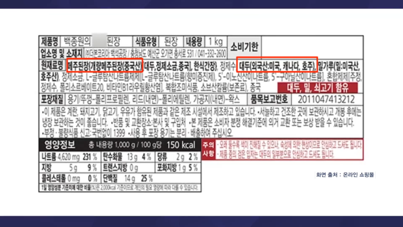 백종원의 백석된장 성분표 / 사진=MBN DB