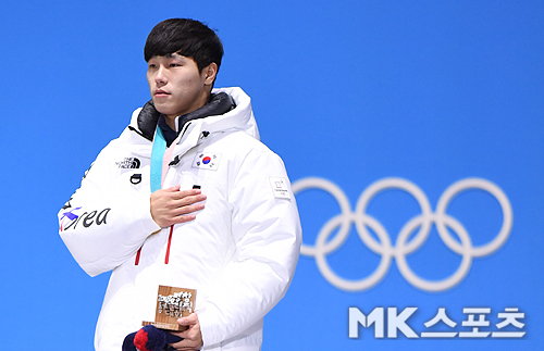 윤성빈 2018 평창동계올림픽 남자스켈레톤 금메달 시상식 모습. 사진=천정환 기자