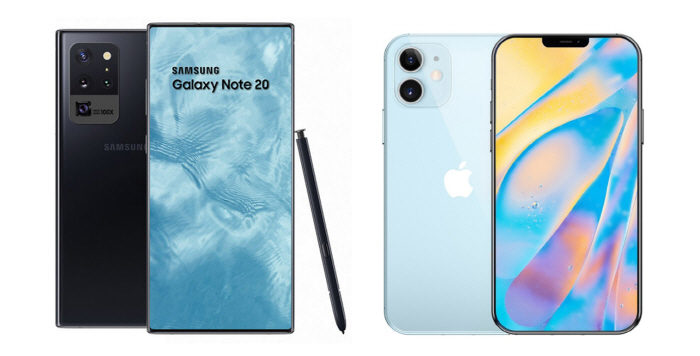 갤럭시노트20(왼쪽)과 아이폰12 예상 이미지. [사진 출처 = 폰아레나]