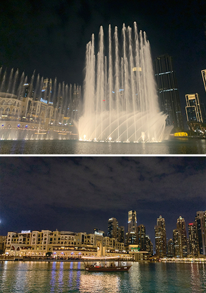 일몰 후 인산인해를 이루는 두바이 분수, 최대 500피트 높이로 물을 뿜어내는 두바이 분수 쇼