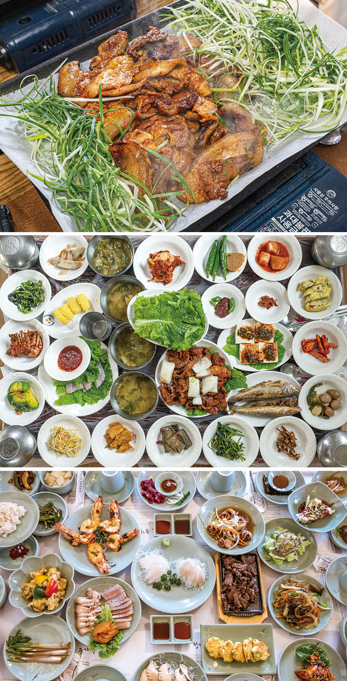(위에서 부터) 불맛 가득한 돼지 불고기, 설성식당의 돼지불고기 백반, 청자골종가집의 푸짐한 한정식