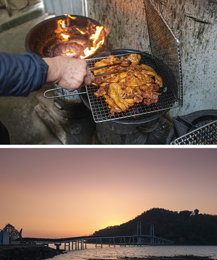 (위)배진강의 돼지불고기 (아래) 노을에 물드는 가우도의 저녁